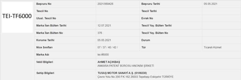 TEİ/TF-6000 Turbofan Motor Patenti