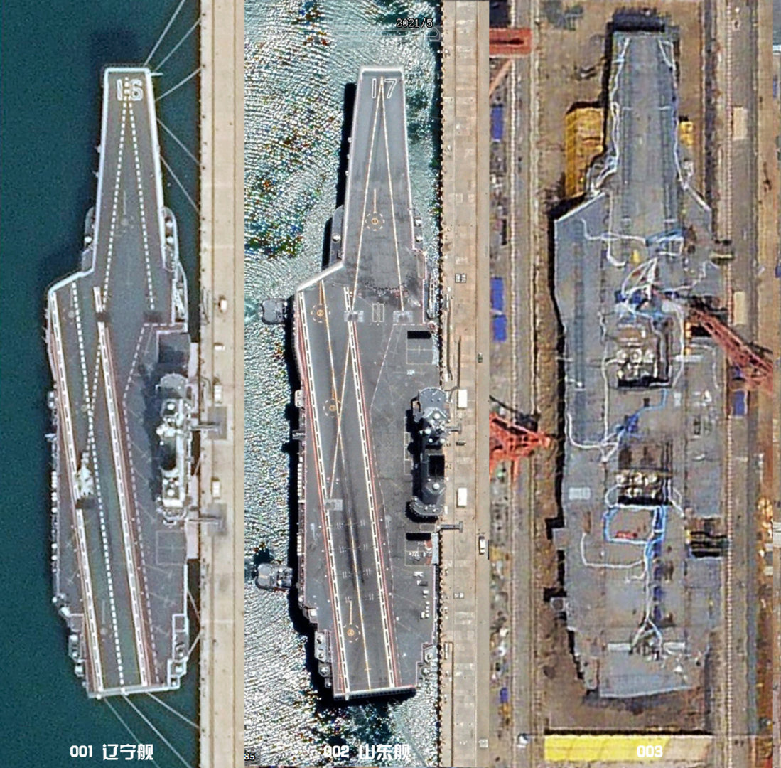 Çin'in uçak gemileri. Soldan sağa: Type 001, Type 002, Type 003