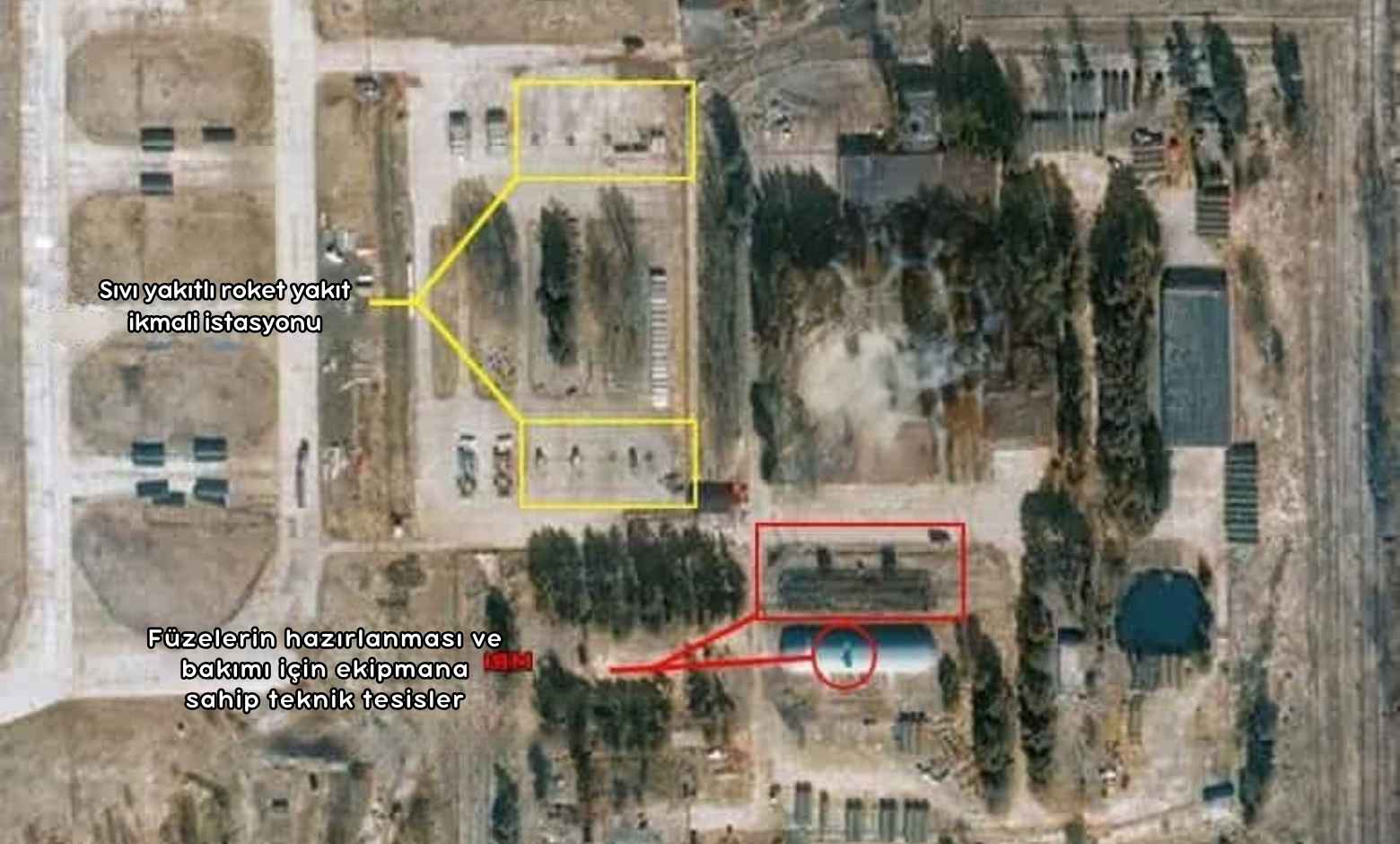 Shaykovka havaalanındaki Kh-2232 füzesi hazırlık ve yakıt ikmal alanının uydu görüntüsü.