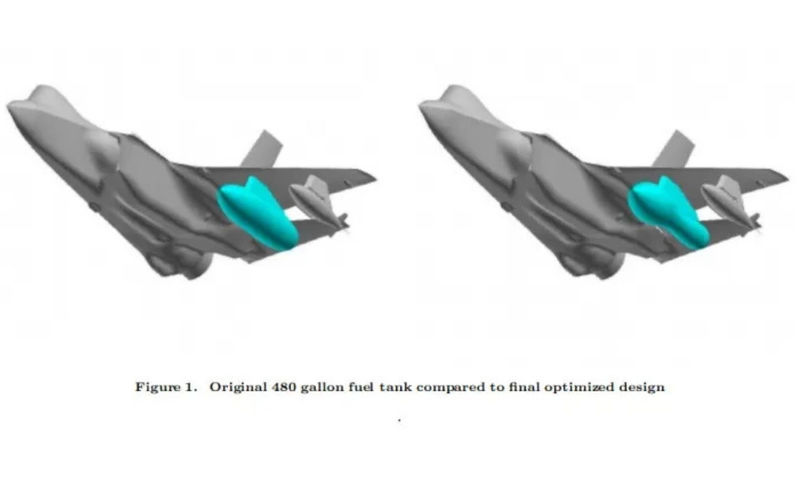 Lockheed Martin'in F-35 için 480 galonluk (sol) ve 460 galonluk (sağ) düşürme tankı tasarımlarının çizimi.